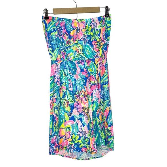 Lilly Pulitzer Windsor Dress Medium Bennet Blue Strapless Floral Pull On Cotton - Picture 4 of 14